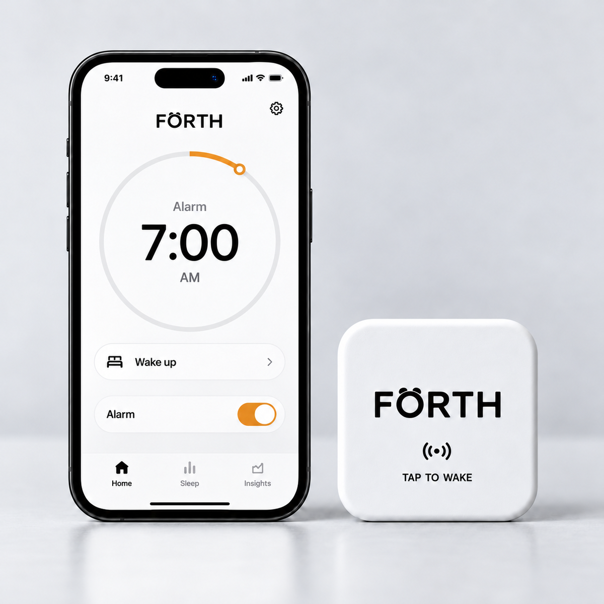 FORTH alarm app interface with warm amber accents