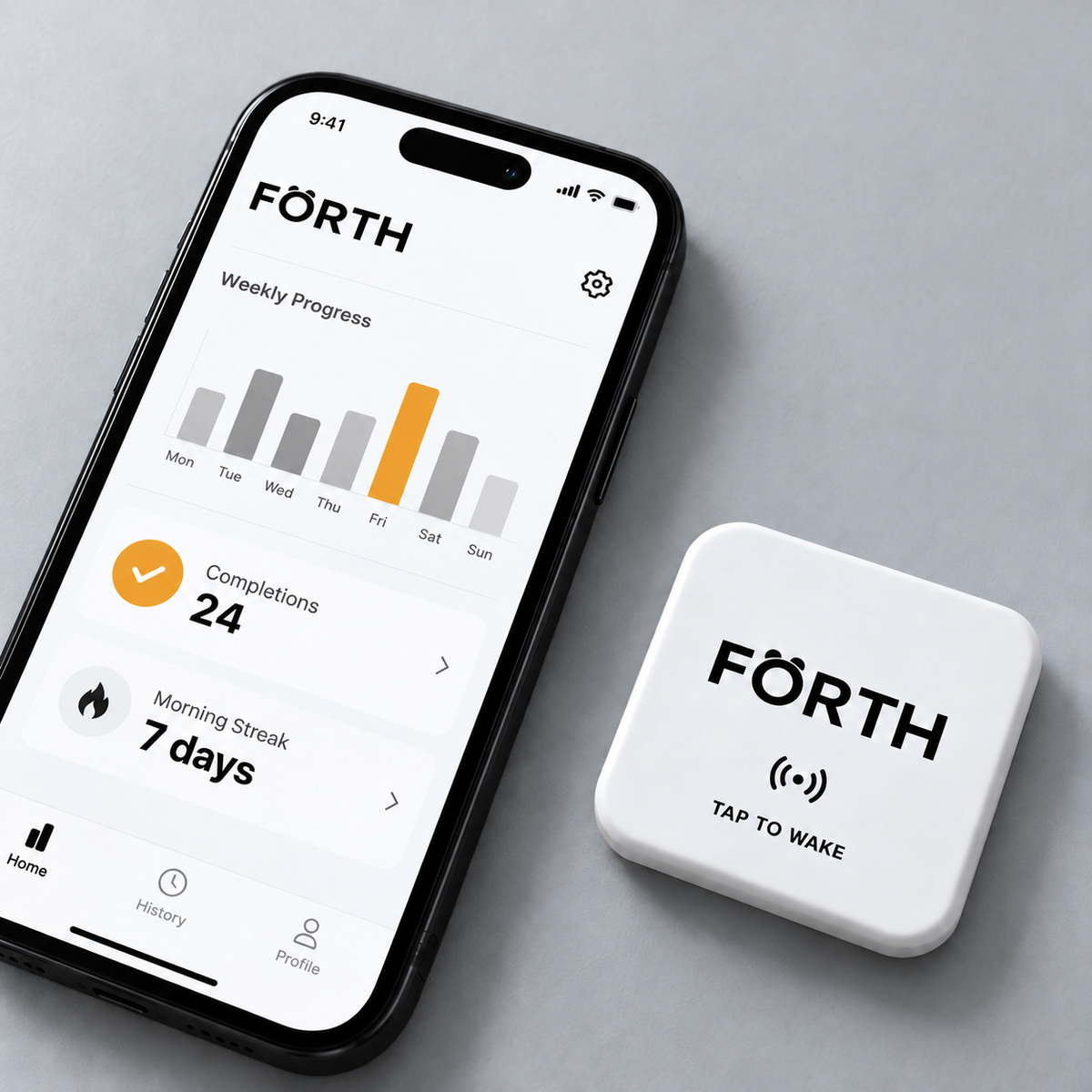 FORTH progress screen with warm amber accents