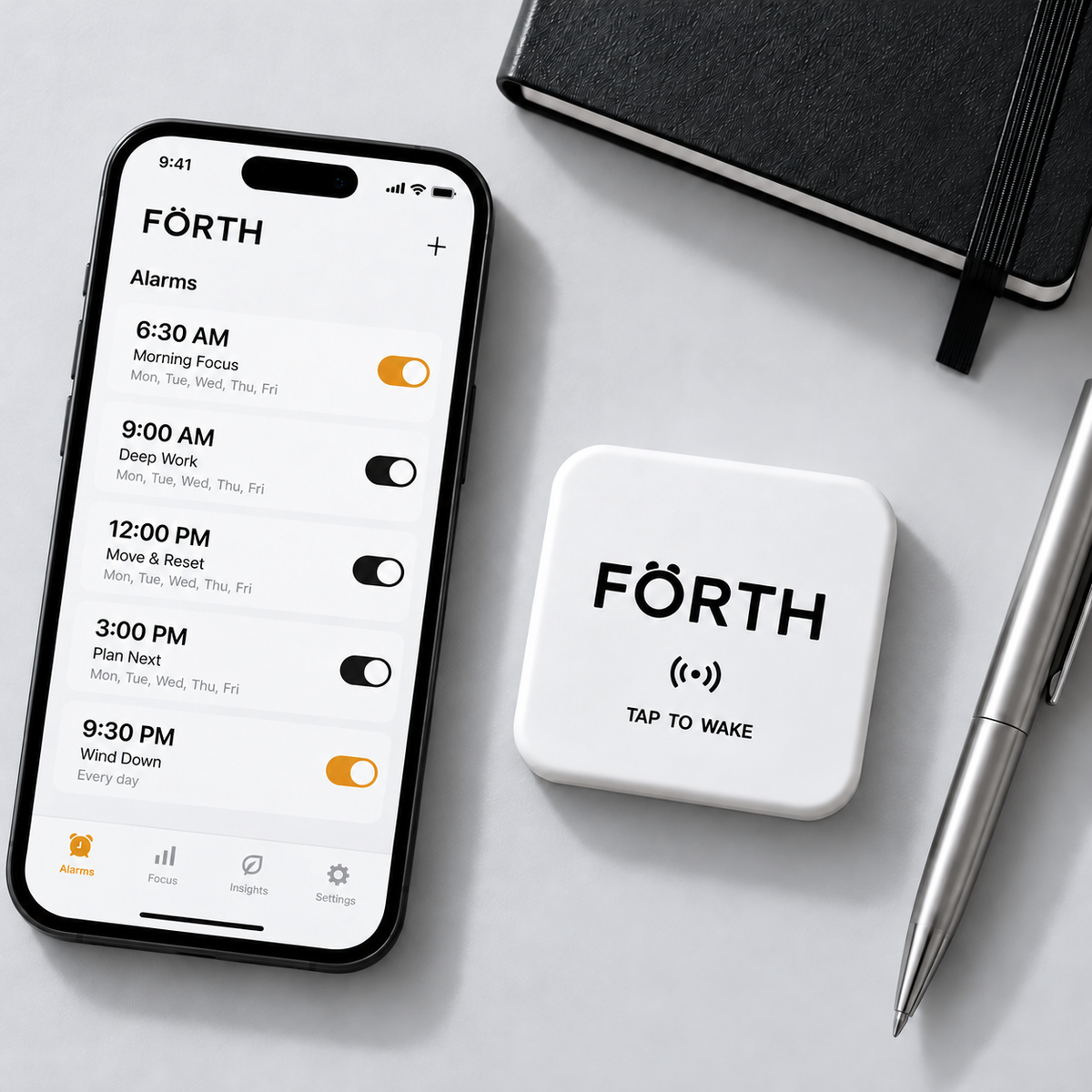 FORTH alarm schedule with warm amber controls